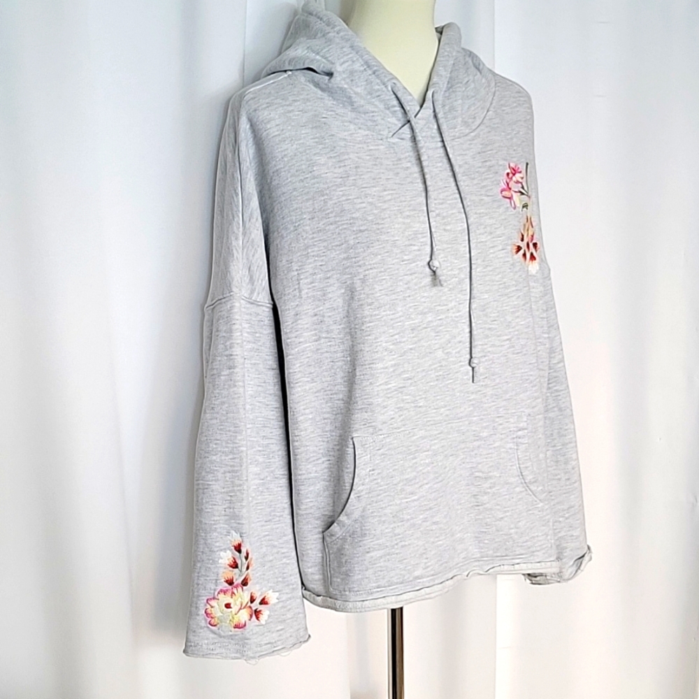 Light Gray Floral Embroidered Hoodie Top - Women's Sweatshirt - Picture 4 of 8